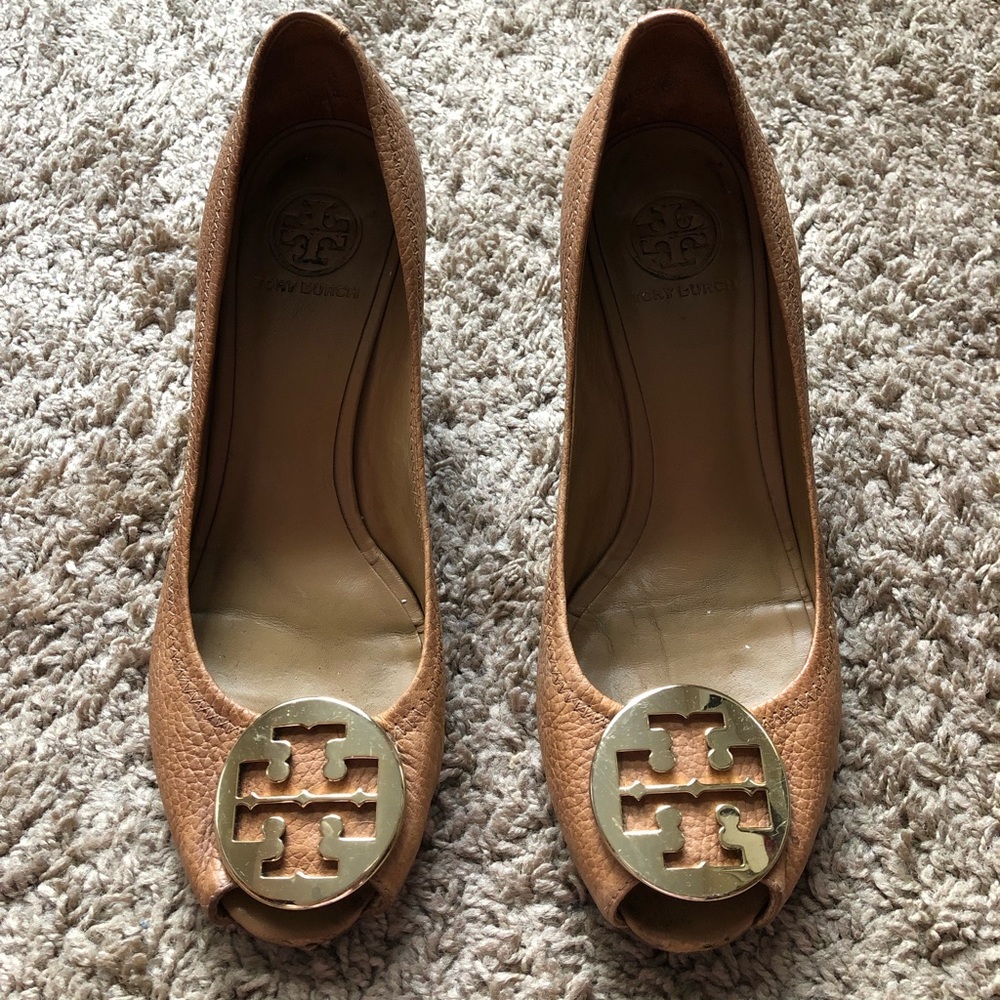 Tory Burch Brown Leather Peep Toe Wedge Shoes 8.5